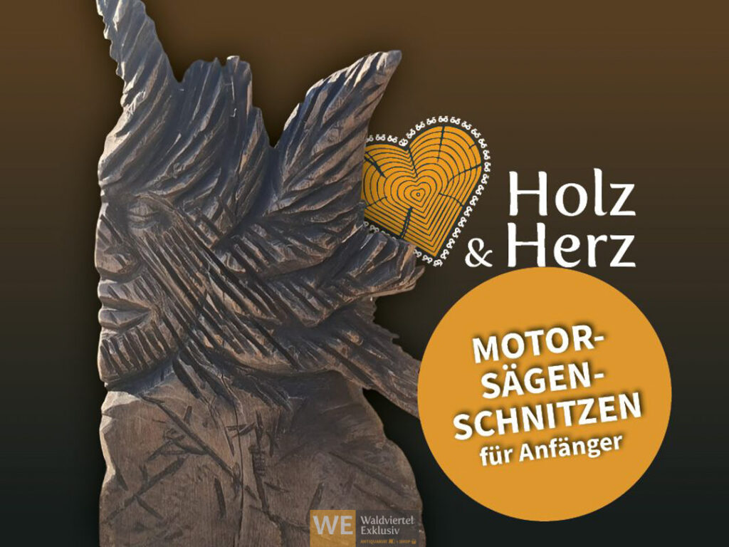 Keyvisual für den Workshop "Motorsägen-Schnitzen für Anfänger" von Waldviertel Exklusiv: Holzskulptur eines Indianerkopfes von Andreas Leitner, Design von Xantha Mediendesign | Sandra Fossalovara.
