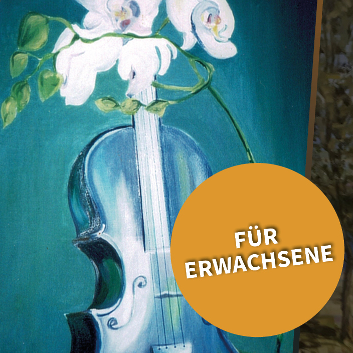 Drei Gemälde von Lydia Reichberg – Winterlandschaft, Segelboot im Sturm, Violine mit Blüten – mit dem Hinweis „Für Erwachsene".