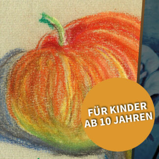 Collage aus drei Kunstwerken von Lydia Reichberg: Sonnenblumen-Aquarell, Kürbiszeichnung und Blütenstudie – Malkurs für Kinder ab 10 Jahren