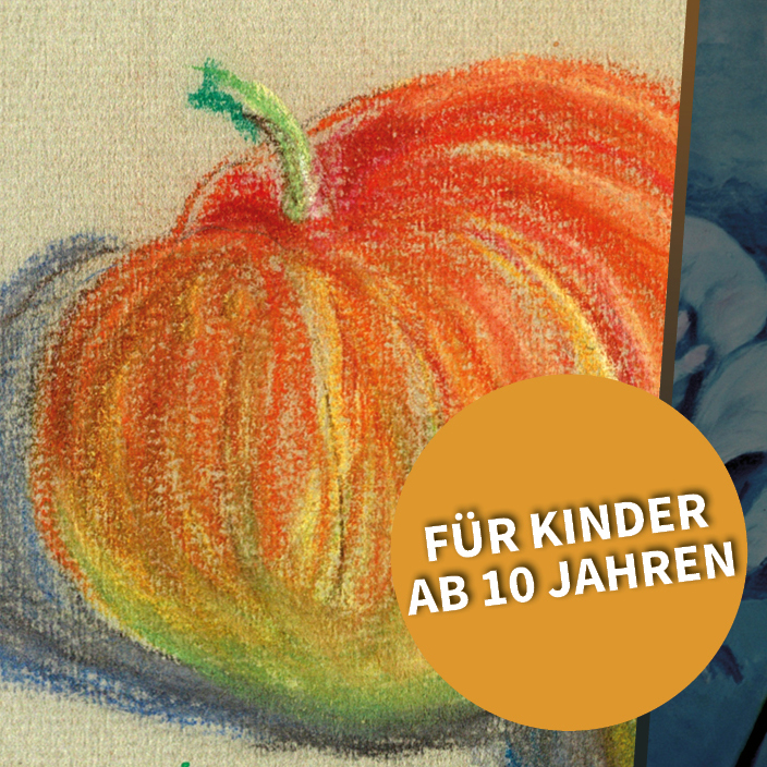 Collage aus drei Kunstwerken von Lydia Reichberg: Sonnenblumen-Aquarell, Kürbiszeichnung und Blütenstudie – Malkurs für Kinder ab 10 Jahren